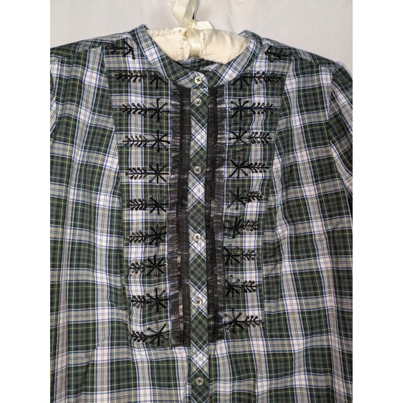 J. Crew Button Down M Women's Green Tartan Plaid Beaded Lace Trim Long Sleeve - Picture 5 of 9